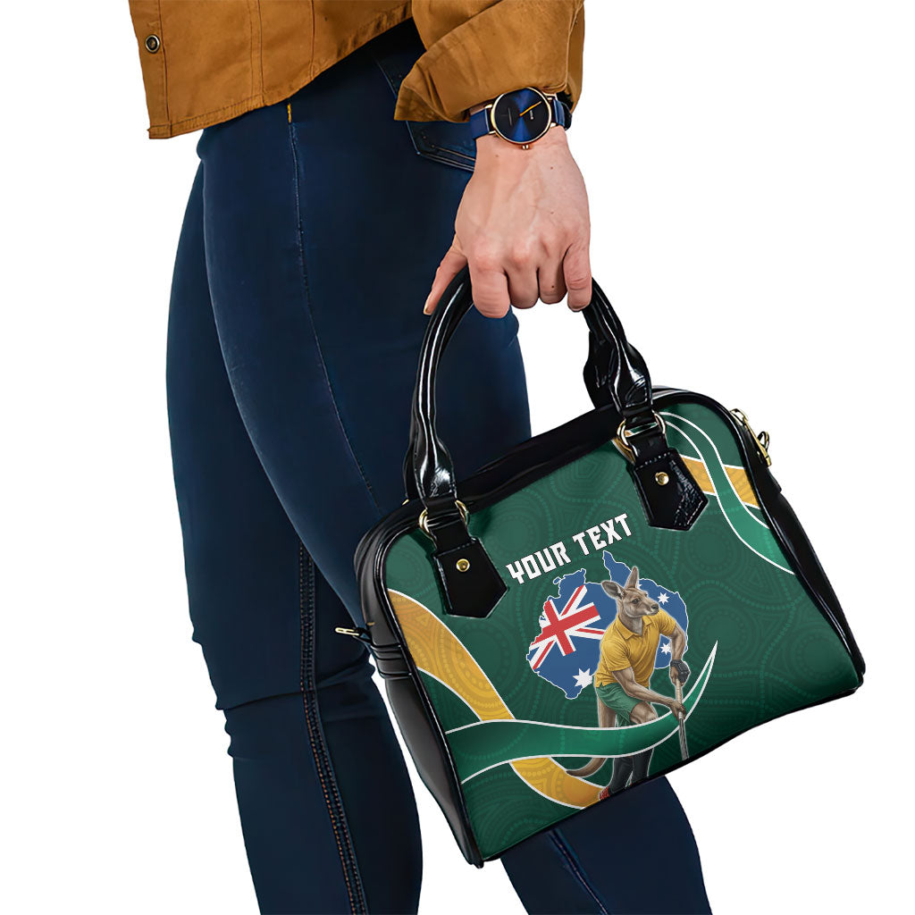 Personalized Kookaburras Field Hockey Kangaroo Shoulder Handbag Australian Flag Map With Abstract Green And Gold Wave Pattern
