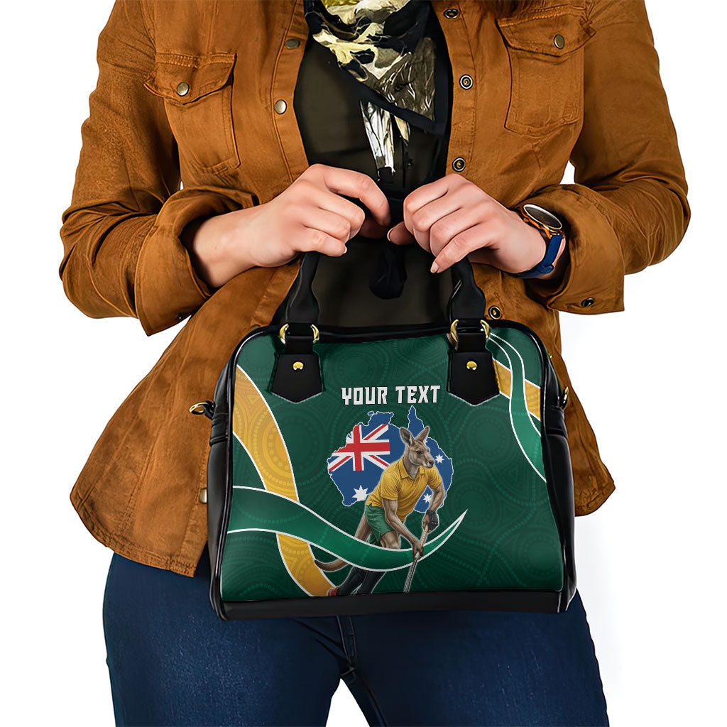Personalized Kookaburras Field Hockey Kangaroo Shoulder Handbag Australian Flag Map With Abstract Green And Gold Wave Pattern