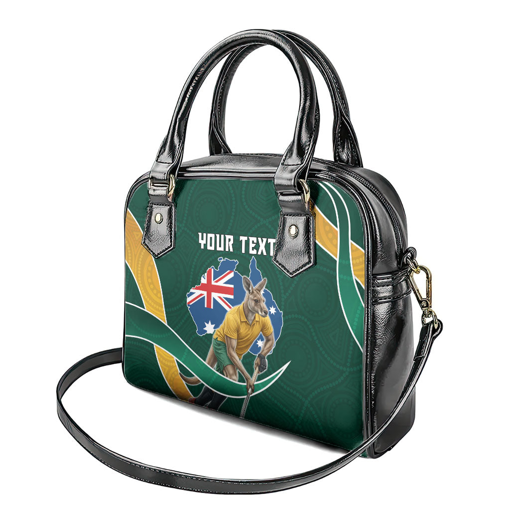 Personalized Kookaburras Field Hockey Kangaroo Shoulder Handbag Australian Flag Map With Abstract Green And Gold Wave Pattern