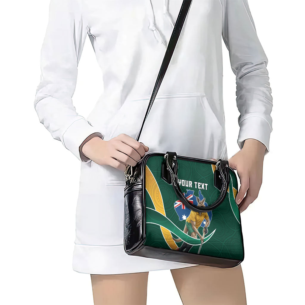 Personalized Kookaburras Field Hockey Kangaroo Shoulder Handbag Australian Flag Map With Abstract Green And Gold Wave Pattern
