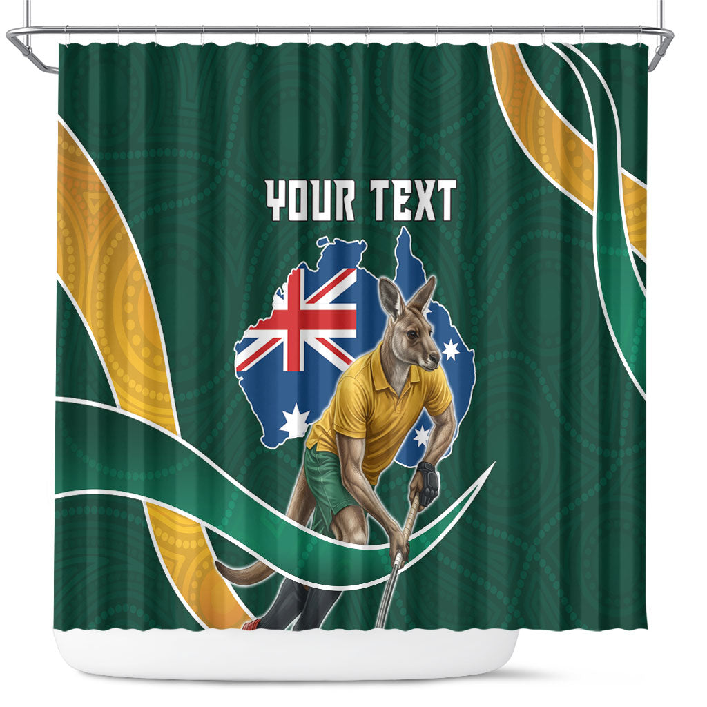Personalized Kookaburras Field Hockey Kangaroo Shower Curtain Australian Flag Map With Abstract Green And Gold Wave Pattern