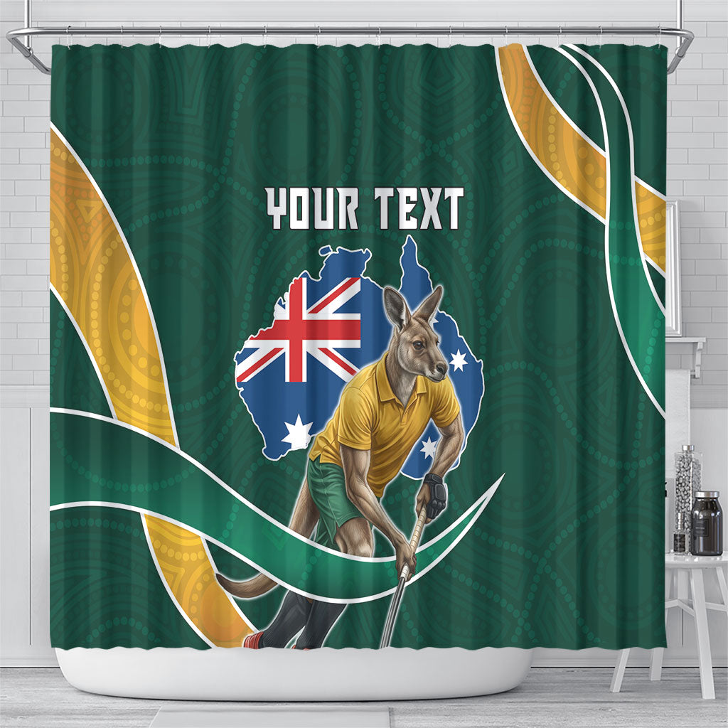 Personalized Kookaburras Field Hockey Kangaroo Shower Curtain Australian Flag Map With Abstract Green And Gold Wave Pattern