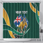 Personalized Kookaburras Field Hockey Kangaroo Shower Curtain Australian Flag Map With Abstract Green And Gold Wave Pattern