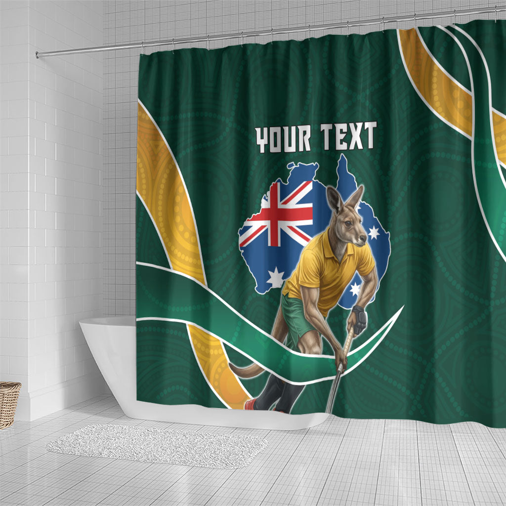 Personalized Kookaburras Field Hockey Kangaroo Shower Curtain Australian Flag Map With Abstract Green And Gold Wave Pattern