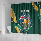 Personalized Kookaburras Field Hockey Kangaroo Shower Curtain Australian Flag Map With Abstract Green And Gold Wave Pattern