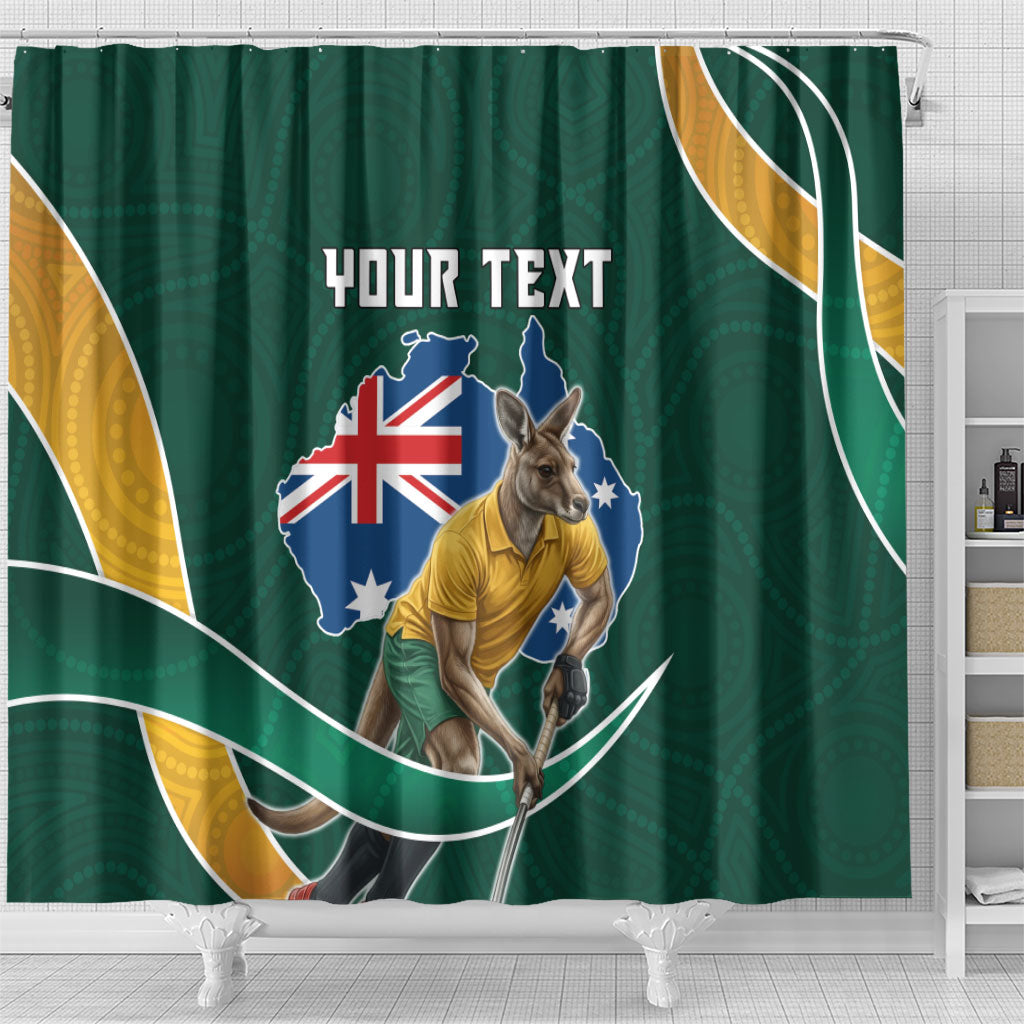 Personalized Kookaburras Field Hockey Kangaroo Shower Curtain Australian Flag Map With Abstract Green And Gold Wave Pattern