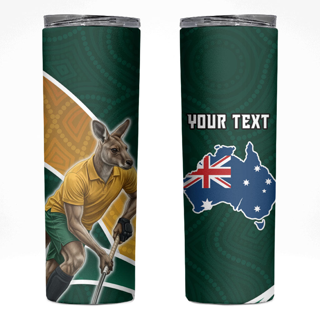 Personalized Kookaburras Field Hockey Kangaroo Skinny Tumbler Australian Flag Map With Abstract Green And Gold Wave Pattern