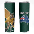 Personalized Kookaburras Field Hockey Kangaroo Skinny Tumbler Australian Flag Map With Abstract Green And Gold Wave Pattern