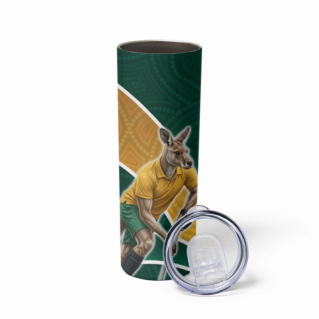 Personalized Kookaburras Field Hockey Kangaroo Skinny Tumbler Australian Flag Map With Abstract Green And Gold Wave Pattern