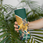 Personalized Kookaburras Field Hockey Kangaroo Skinny Tumbler Australian Flag Map With Abstract Green And Gold Wave Pattern