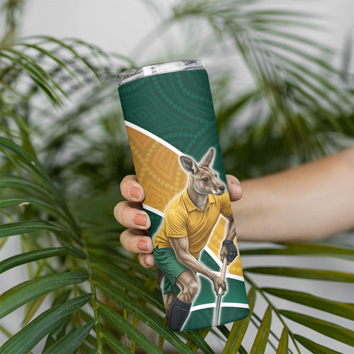 Personalized Kookaburras Field Hockey Kangaroo Skinny Tumbler Australian Flag Map With Abstract Green And Gold Wave Pattern