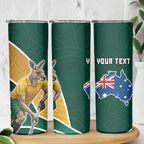 Personalized Kookaburras Field Hockey Kangaroo Skinny Tumbler Australian Flag Map With Abstract Green And Gold Wave Pattern