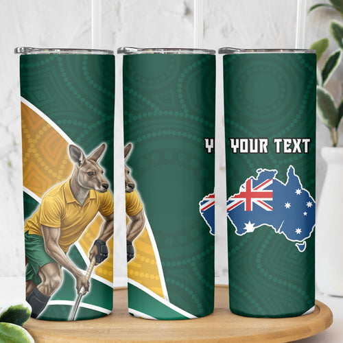 Personalized Kookaburras Field Hockey Kangaroo Skinny Tumbler Australian Flag Map With Abstract Green And Gold Wave Pattern