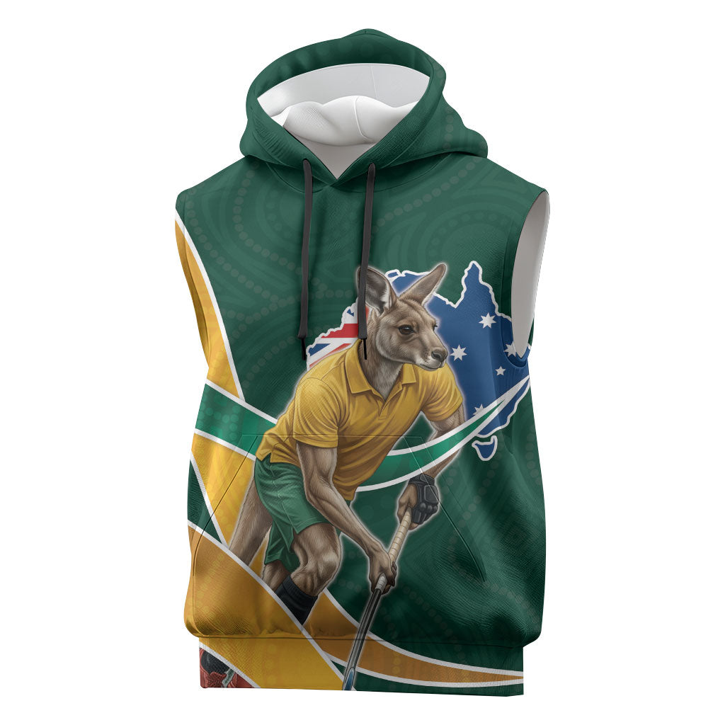Personalized Kookaburras Field Hockey Kangaroo Sleeveless Hoodie Australian Flag Map With Abstract Green And Gold Wave Pattern