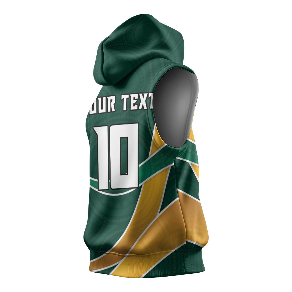 Personalized Kookaburras Field Hockey Kangaroo Sleeveless Hoodie Australian Flag Map With Abstract Green And Gold Wave Pattern