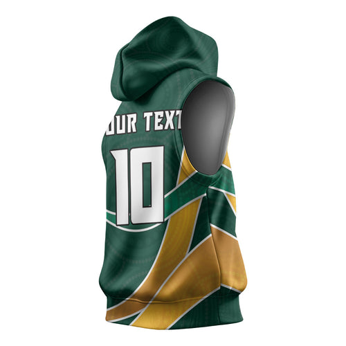 Personalized Kookaburras Field Hockey Kangaroo Sleeveless Hoodie Australian Flag Map With Abstract Green And Gold Wave Pattern