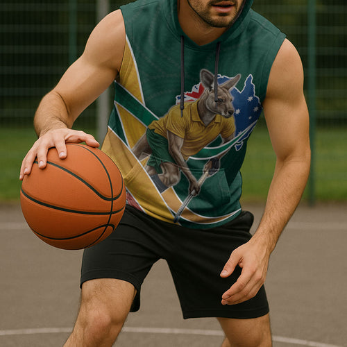 Personalized Kookaburras Field Hockey Kangaroo Sleeveless Hoodie Australian Flag Map With Abstract Green And Gold Wave Pattern