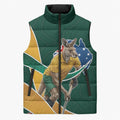 Personalized Kookaburras Field Hockey Kangaroo Sleeveless Puffer Jacket Australian Flag Map With Abstract Green And Gold Wave Pattern