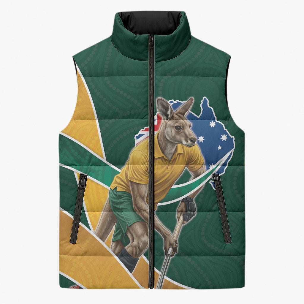 Personalized Kookaburras Field Hockey Kangaroo Sleeveless Puffer Jacket Australian Flag Map With Abstract Green And Gold Wave Pattern