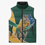 Personalized Kookaburras Field Hockey Kangaroo Sleeveless Puffer Jacket Australian Flag Map With Abstract Green And Gold Wave Pattern