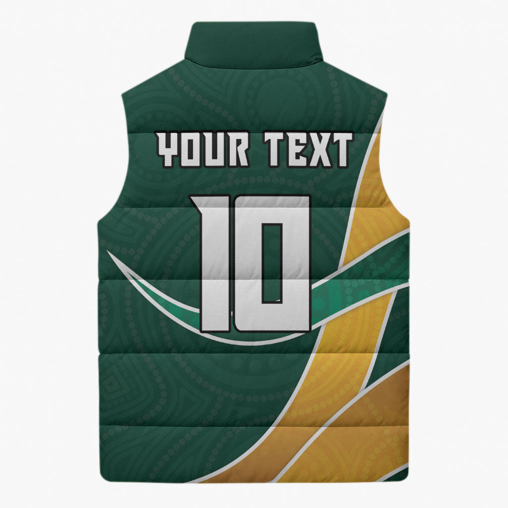 Personalized Kookaburras Field Hockey Kangaroo Sleeveless Puffer Jacket Australian Flag Map With Abstract Green And Gold Wave Pattern