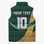 Personalized Kookaburras Field Hockey Kangaroo Sleeveless Puffer Jacket Australian Flag Map With Abstract Green And Gold Wave Pattern