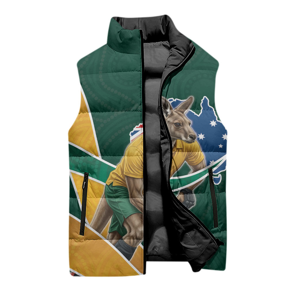 Personalized Kookaburras Field Hockey Kangaroo Sleeveless Puffer Jacket Australian Flag Map With Abstract Green And Gold Wave Pattern