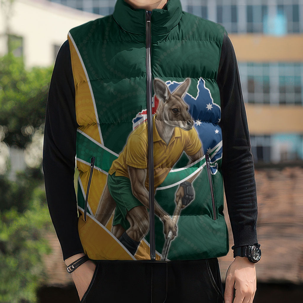 Personalized Kookaburras Field Hockey Kangaroo Sleeveless Puffer Jacket Australian Flag Map With Abstract Green And Gold Wave Pattern