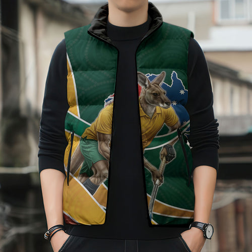 Personalized Kookaburras Field Hockey Kangaroo Sleeveless Puffer Jacket Australian Flag Map With Abstract Green And Gold Wave Pattern