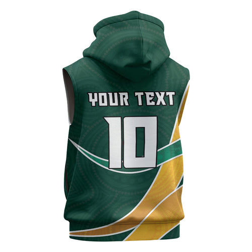 Personalized Kookaburras Field Hockey Kangaroo Sleeveless Zip Hoodie Australian Flag Map With Abstract Green And Gold Wave Pattern