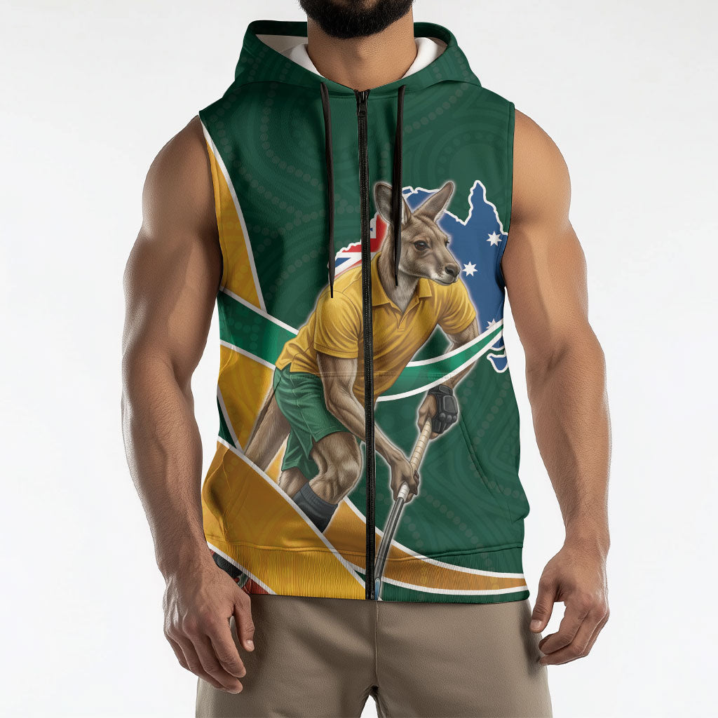 Personalized Kookaburras Field Hockey Kangaroo Sleeveless Zip Hoodie Australian Flag Map With Abstract Green And Gold Wave Pattern