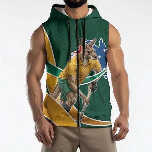 Personalized Kookaburras Field Hockey Kangaroo Sleeveless Zip Hoodie Australian Flag Map With Abstract Green And Gold Wave Pattern