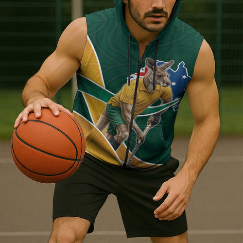 Personalized Kookaburras Field Hockey Kangaroo Sleeveless Zip Hoodie Australian Flag Map With Abstract Green And Gold Wave Pattern