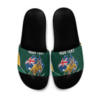 Personalized Kookaburras Field Hockey Kangaroo Slide Sandals Australian Flag Map With Abstract Green And Gold Wave Pattern