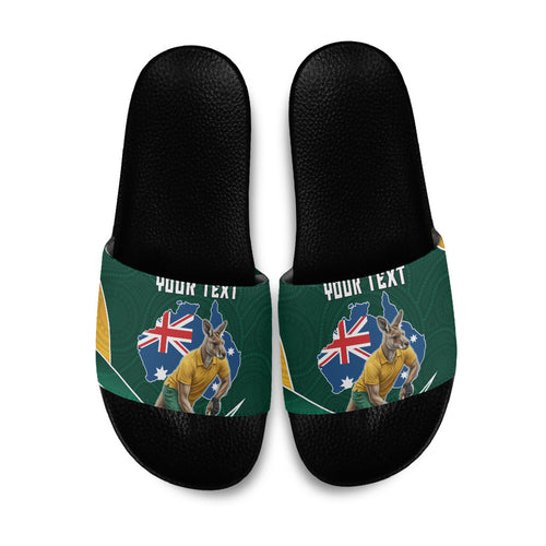 Personalized Kookaburras Field Hockey Kangaroo Slide Sandals Australian Flag Map With Abstract Green And Gold Wave Pattern