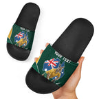 Personalized Kookaburras Field Hockey Kangaroo Slide Sandals Australian Flag Map With Abstract Green And Gold Wave Pattern