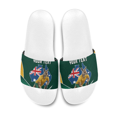 Personalized Kookaburras Field Hockey Kangaroo Slide Sandals Australian Flag Map With Abstract Green And Gold Wave Pattern