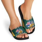 Personalized Kookaburras Field Hockey Kangaroo Slide Sandals Australian Flag Map With Abstract Green And Gold Wave Pattern