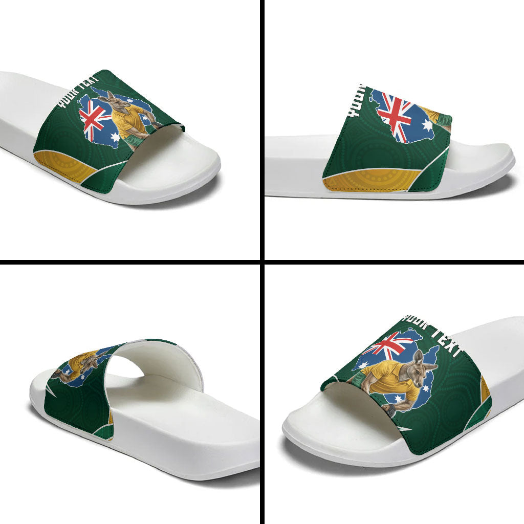 Personalized Kookaburras Field Hockey Kangaroo Slide Sandals Australian Flag Map With Abstract Green And Gold Wave Pattern