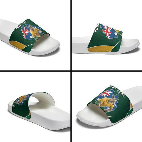 Personalized Kookaburras Field Hockey Kangaroo Slide Sandals Australian Flag Map With Abstract Green And Gold Wave Pattern