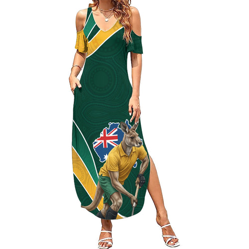 Personalized Kookaburras Field Hockey Kangaroo Summer Maxi Dress Australian Flag Map With Abstract Green And Gold Wave Pattern