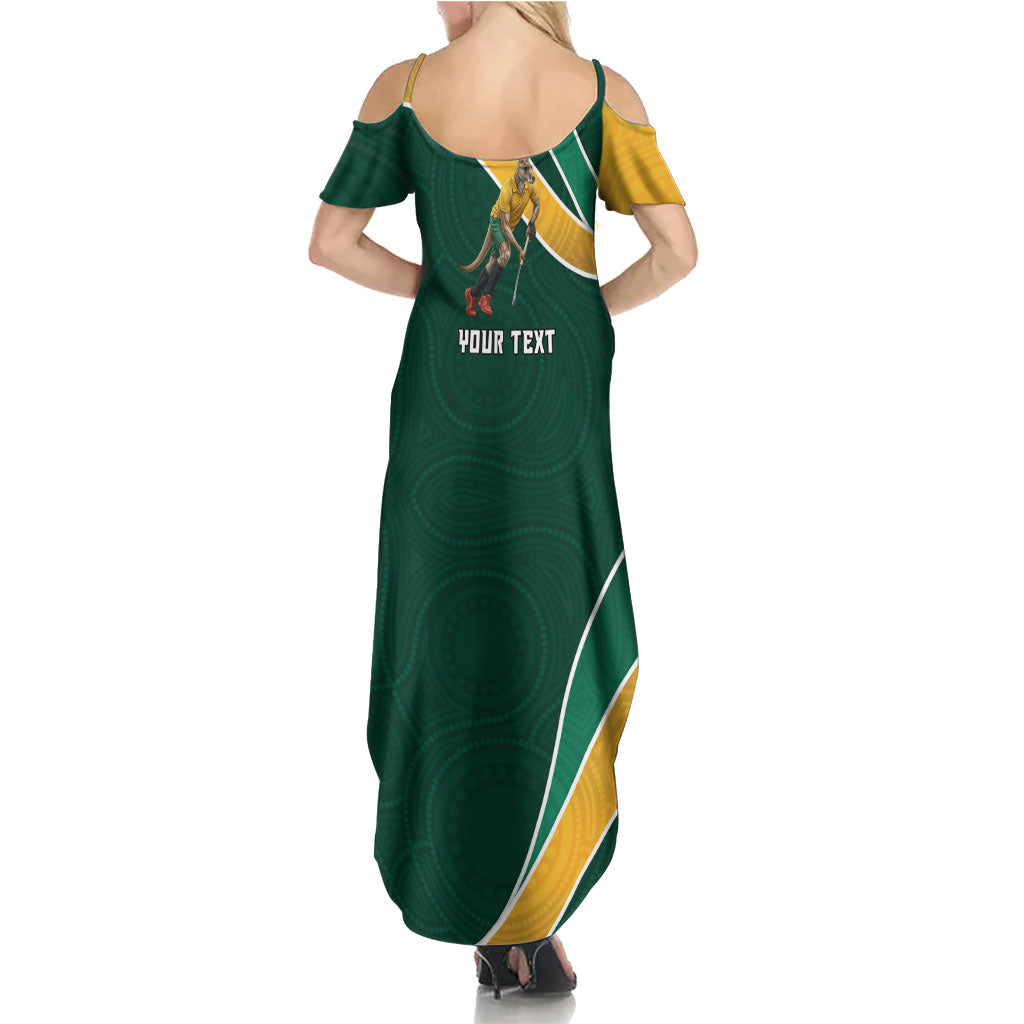 Personalized Kookaburras Field Hockey Kangaroo Summer Maxi Dress Australian Flag Map With Abstract Green And Gold Wave Pattern