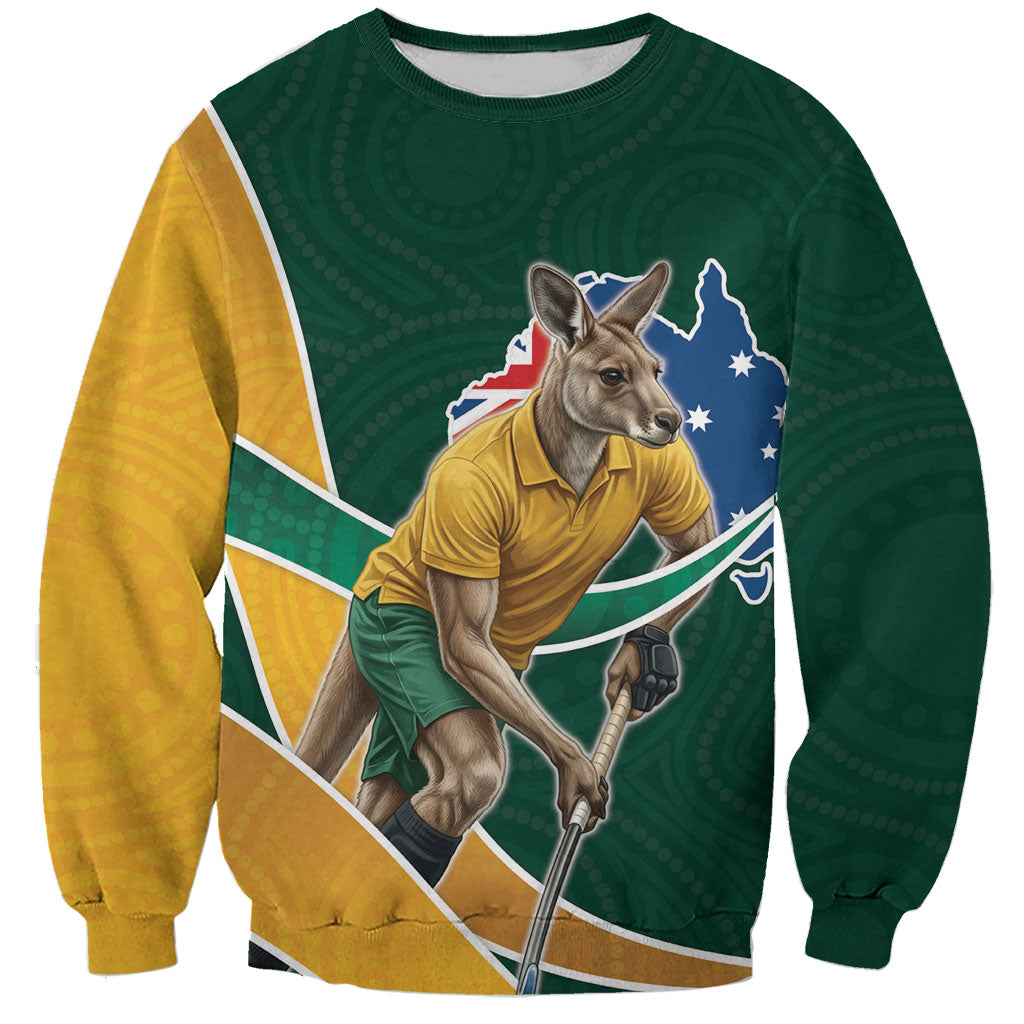 Personalized Kookaburras Field Hockey Kangaroo Sweatshirt Australian Flag Map With Abstract Green And Gold Wave Pattern