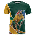 Personalized Kookaburras Field Hockey Kangaroo T Shirt Australian Flag Map With Abstract Green And Gold Wave Pattern