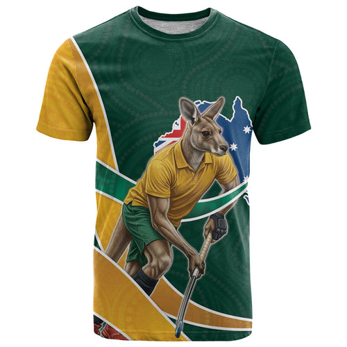 Personalized Kookaburras Field Hockey Kangaroo T Shirt Australian Flag Map With Abstract Green And Gold Wave Pattern