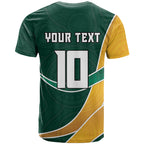 Personalized Kookaburras Field Hockey Kangaroo T Shirt Australian Flag Map With Abstract Green And Gold Wave Pattern