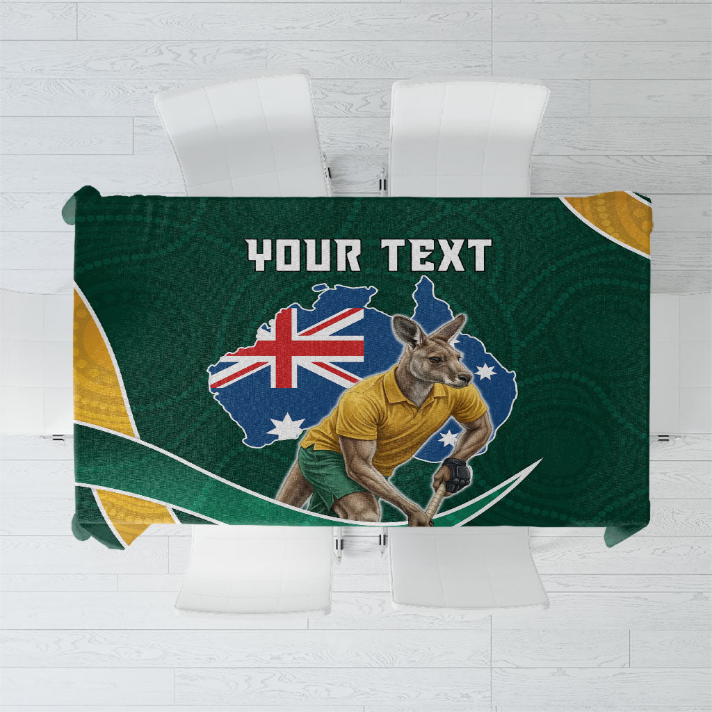 Personalized Kookaburras Field Hockey Kangaroo Tablecloth Australian Flag Map With Abstract Green And Gold Wave Pattern