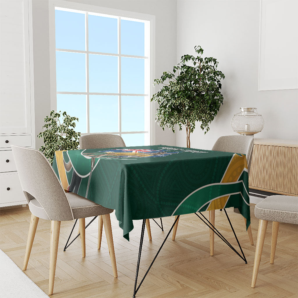 Personalized Kookaburras Field Hockey Kangaroo Tablecloth Australian Flag Map With Abstract Green And Gold Wave Pattern