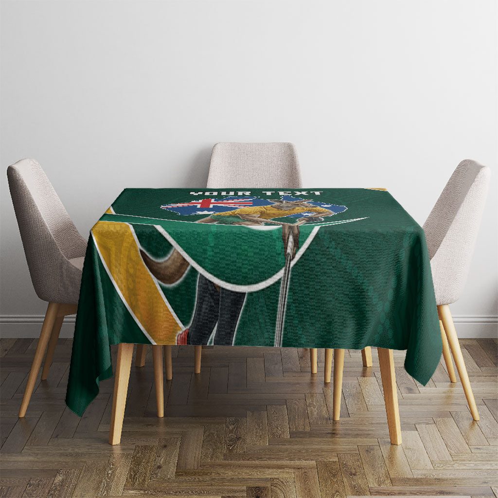 Personalized Kookaburras Field Hockey Kangaroo Tablecloth Australian Flag Map With Abstract Green And Gold Wave Pattern