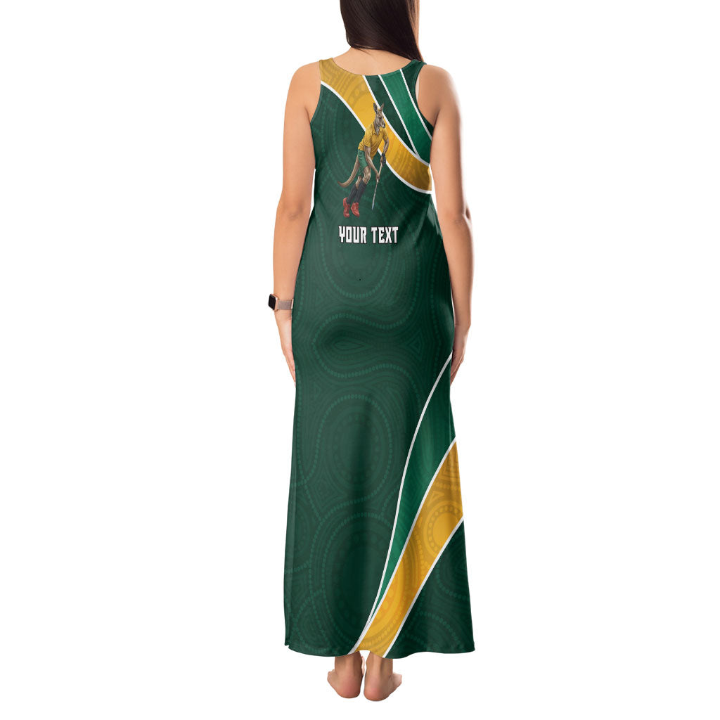 Personalized Kookaburras Field Hockey Kangaroo Tank Maxi Dress Australian Flag Map With Abstract Green And Gold Wave Pattern